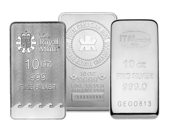 Three silver bullion bars, each weighing 10 ounces, showcasing different designs and markings, highlighting their purity of 999 and 999.0 fine silver.