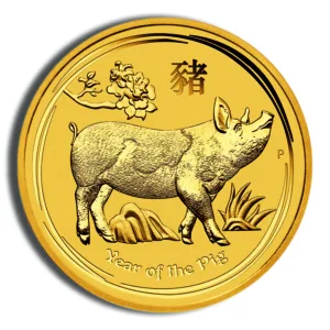 Gold coin featuring a pig design, symbolizing the Year of the Pig in the Chinese zodiac, with floral elements and the Chinese character for pig.
