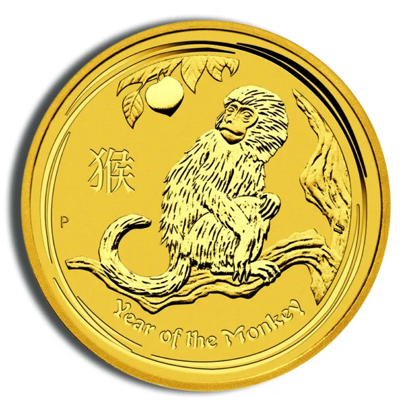 Gold coin featuring a monkey design, symbolizing the Year of the Monkey in the Chinese zodiac, with intricate detailing and a shiny finish.
