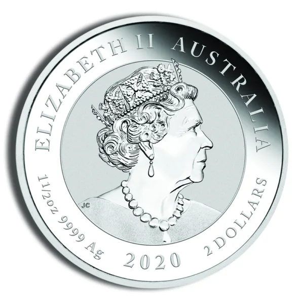 Silver coin featuring a profile of Queen Elizabeth II, minted in Australia, dated 2020, with a denomination of 2 dollars.