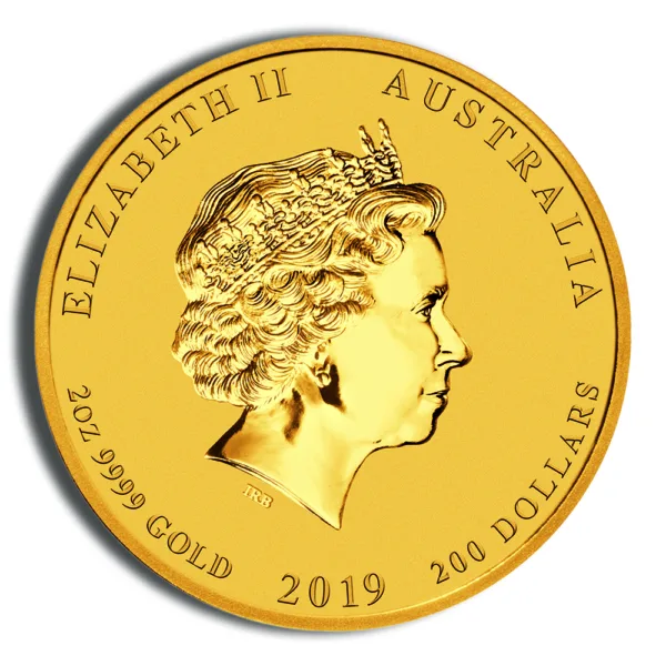 Gold coin featuring a profile of Queen Elizabeth II, minted in Australia in 2019 with a denomination of 200 dollars. The coin is made of 1 oz of pure gold and showcases intricate details of the queen's likeness.