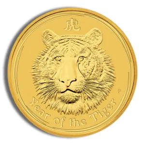 Gold coin featuring a tiger's face, symbolizing the Year of the Tiger in the Chinese zodiac.