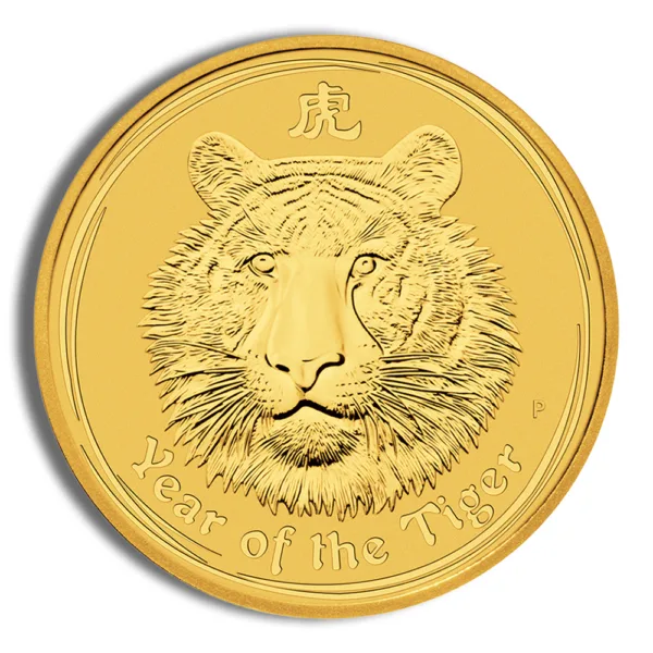 Gold coin featuring a tiger's face, symbolizing the Year of the Tiger in the Chinese zodiac.