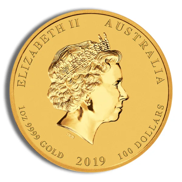 Gold coin featuring a profile of Queen Elizabeth II, minted in 2019 in Australia, with a denomination of 100 dollars and made of .9999 fine gold.