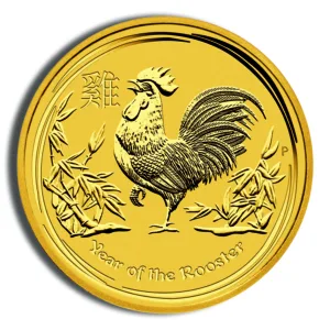 Gold coin featuring a rooster design, symbolizing the Year of the Rooster in Chinese zodiac. The coin is intricately detailed with bamboo accents, representing prosperity and good fortune.