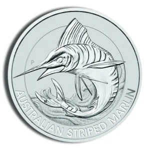 Illustration of an Australian striped marlin depicted on a silver coin, showcasing its distinctive elongated body and sharp bill.