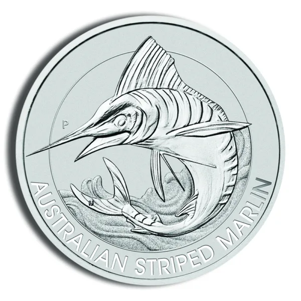 Illustration of an Australian striped marlin depicted on a silver coin, showcasing its distinctive elongated body and sharp bill.