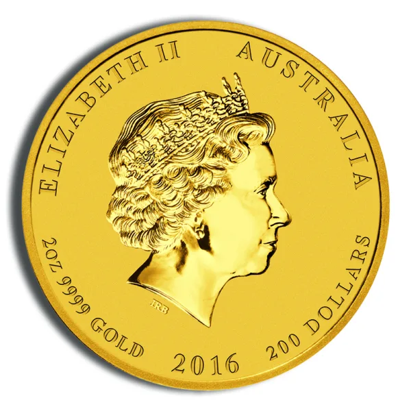 Gold coin featuring a profile of Queen Elizabeth II, inscribed with "Australia," "2016," and "200 Dollars," symbolizing Australian currency and commemorative gold coins.