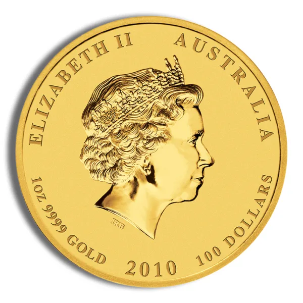 Gold coin featuring a profile of Queen Elizabeth II, minted in Australia, 2010, with a denomination of 100 dollars and stamped with "9999 Gold."