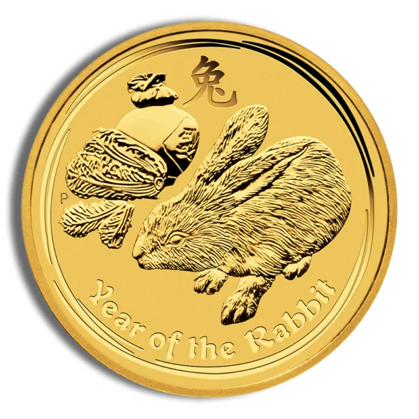 Gold coin featuring a rabbit and traditional symbols, representing the Year of the Rabbit in the Chinese zodiac.