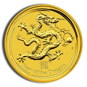 Gold coin featuring a detailed dragon design with the inscription "Year of the Dragon," symbolizing strength and good fortune in Chinese culture.