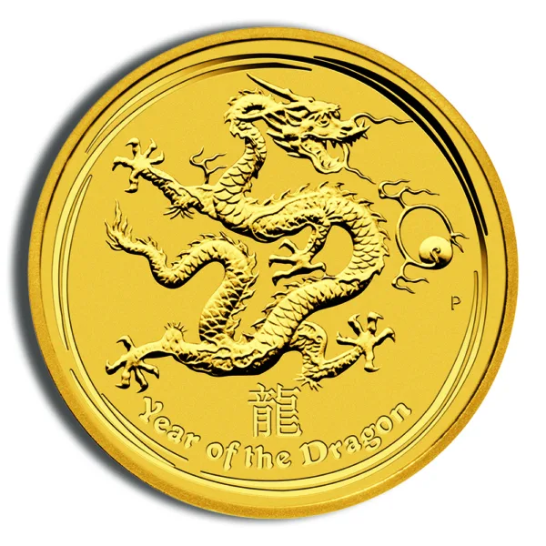 Gold coin featuring a detailed dragon design with the inscription "Year of the Dragon," symbolizing strength and good fortune in Chinese culture.