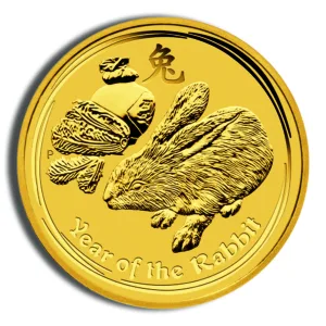 Gold coin featuring a detailed rabbit design, symbolizing the Year of the Rabbit in the Chinese zodiac, with the Chinese character for rabbit and decorative elements.