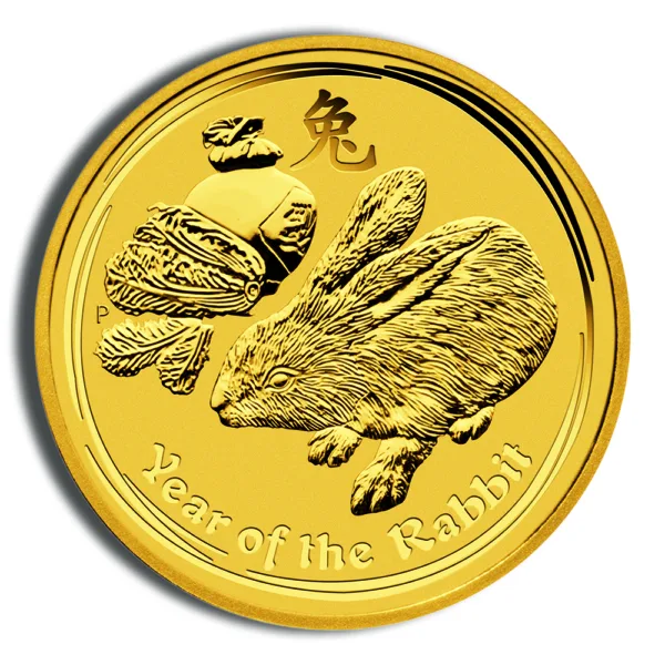 Gold coin featuring a detailed rabbit design, symbolizing the Year of the Rabbit in the Chinese zodiac, with the Chinese character for rabbit and decorative elements.