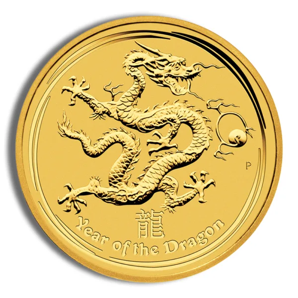 Gold coin featuring a detailed dragon design, symbolizing the Year of the Dragon, with the inscription "Year of the Dragon" in English and Chinese characters.