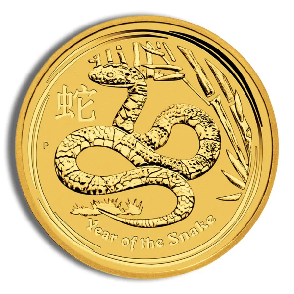 Gold coin featuring a detailed snake design, symbolizing the Year of the Snake in the Chinese zodiac, with Chinese characters and a decorative border.
