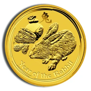 Gold coin featuring a detailed rabbit design with the inscription "Year of the Rabbit" and an acorn motif, symbolizing prosperity and good fortune.