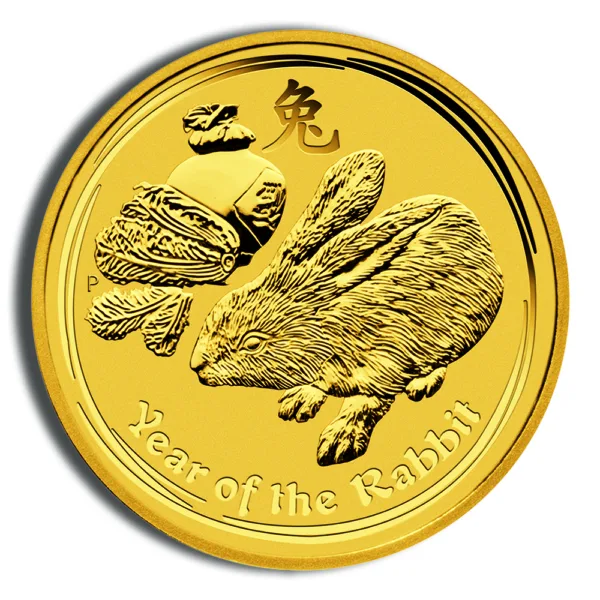 Gold coin featuring a detailed rabbit design with the inscription "Year of the Rabbit" and an acorn motif, symbolizing prosperity and good fortune.