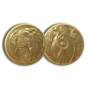 Gold coin featuring an elephant design, minted in South Africa, 2022 edition. The coin displays "BIG FIVE" and "FIFTY RAND" inscriptions, weighing 1 oz with a purity of .9999.