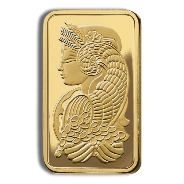 Gold bullion bar featuring an intricate design of a female figure with wings, symbolizing wealth and prosperity. Ideal for investment and collectors.