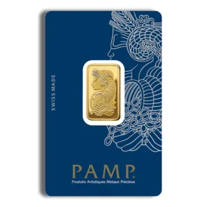 PAMP gold bar presented in an elegant blue card with intricate designs, showcasing premium bullion for investors and collectors.