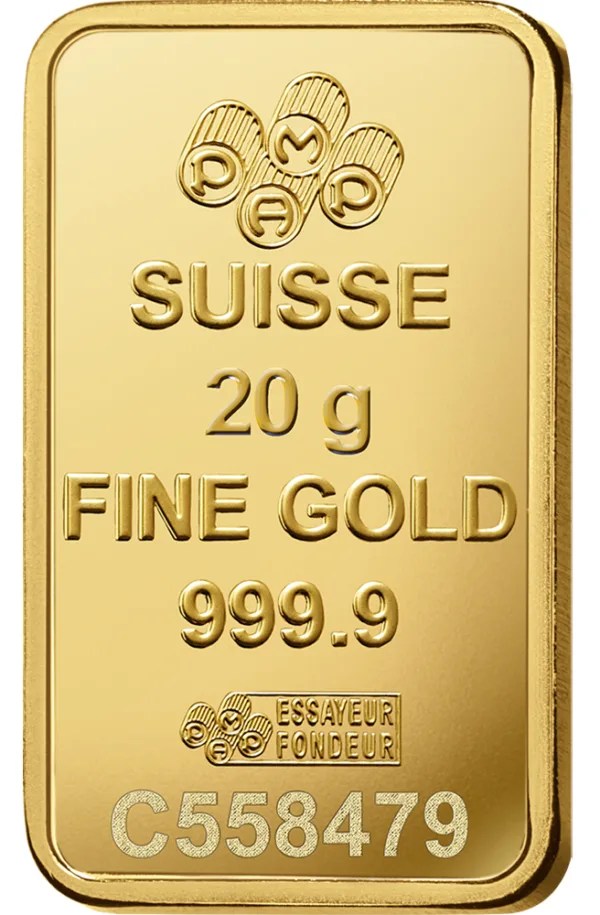 20-gram gold bar from PAMP Suisse, featuring a high purity of 999.9 fine gold, marked with the assay office logo and serial number C558479. Ideal for investment and collectors.