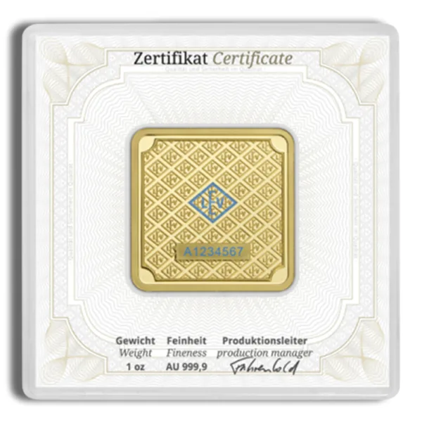 Gold certificate with detailed design, featuring a square gold emblem in the center, and text indicating weight and product specifications. Ideal for showcasing high-value assets or collectibles.