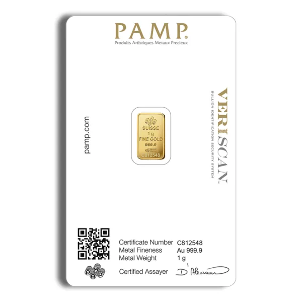 PAMP gold bullion bar weighing 1 gram, displayed in a tamper-evident assay card with a QR code for authentication and detailed product information.