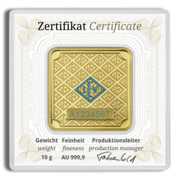 Gold certificate featuring a 10g gold bar with intricate designs, including weight and purity details, in a protective sleeve.