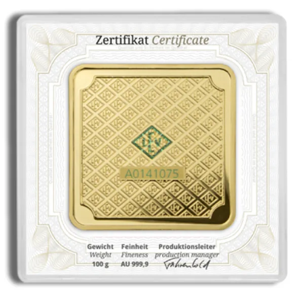 Gold bullion certificate featuring a 100-gram gold bar with a fineness of AU 999.9, displaying an intricate design and a unique serial number A0141075. The certificate is designed with detailed borders and includes weight and fineness specifications in both German and English.