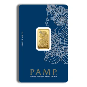 PAMP gold bar in protective packaging featuring intricate design and branding, showcasing high-quality precious metal investment.