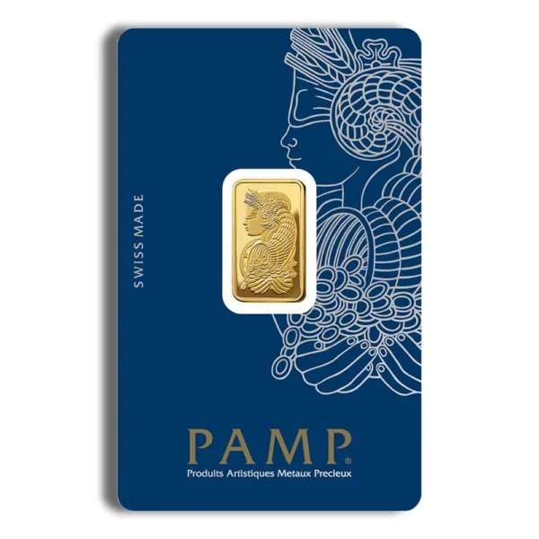 PAMP gold bar in protective packaging featuring intricate design and branding, showcasing high-quality precious metal investment.