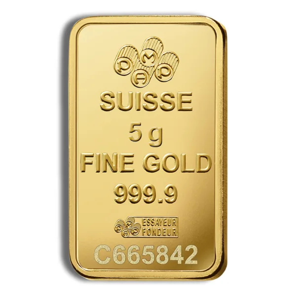 5-gram gold bar from Switzerland, marked with "FINE GOLD 999.9" and the manufacturer's logo, showcasing its high purity and quality for investors and collectors.