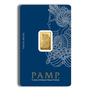 Gold bullion bar from PAMP, featuring a detailed design of a woman on a blue card with "SWISS MADE" inscription, ideal for collectors and investors.