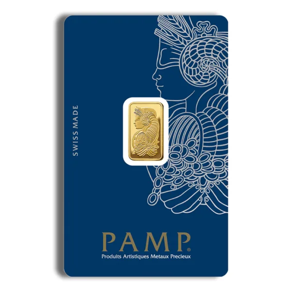 Gold bullion bar from PAMP, featuring a detailed design of a woman on a blue card with "SWISS MADE" inscription, ideal for collectors and investors.