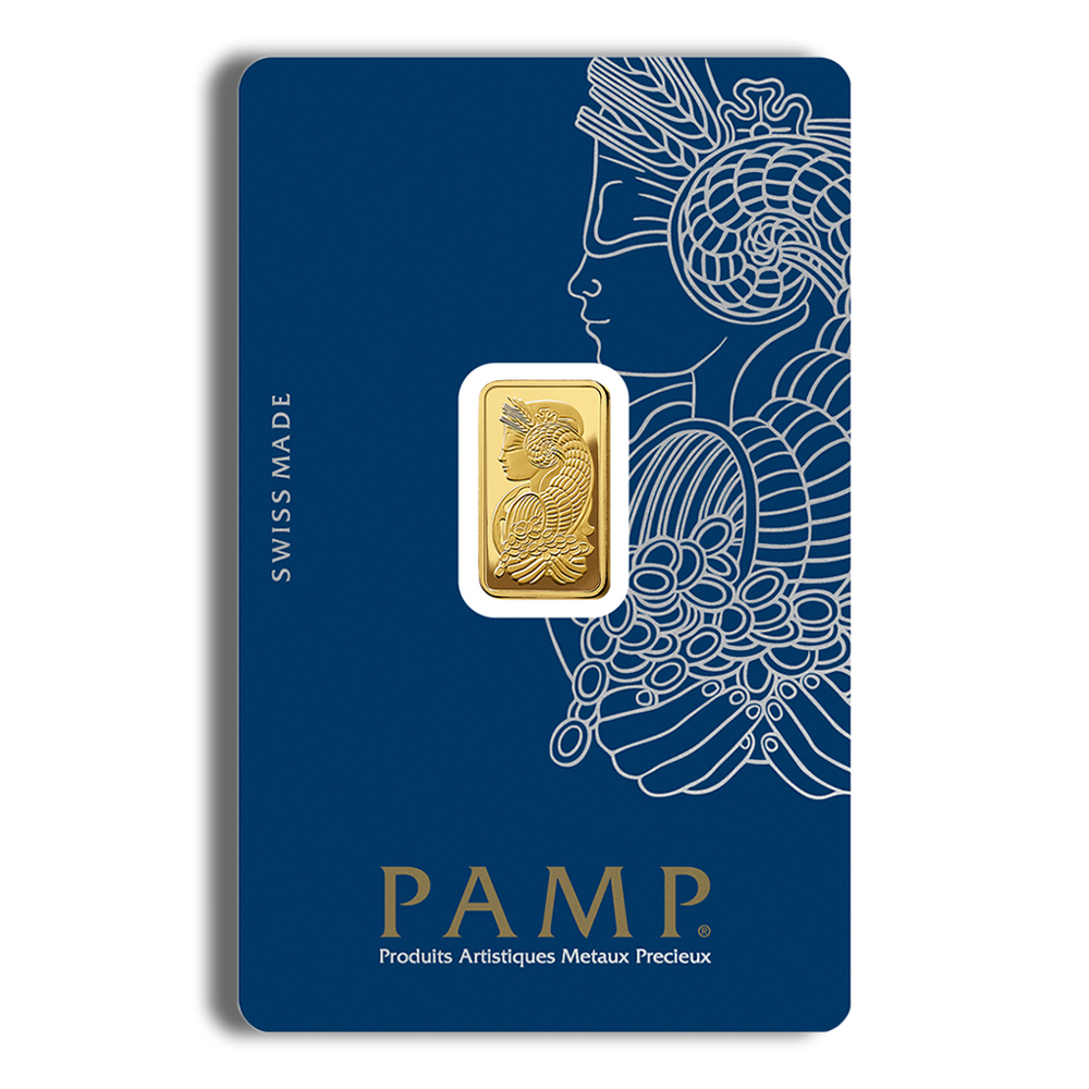 PAMP gold bar displayed in a blue card featuring intricate design and "Swiss Made" label, showcasing premium quality and craftsmanship in precious metals.