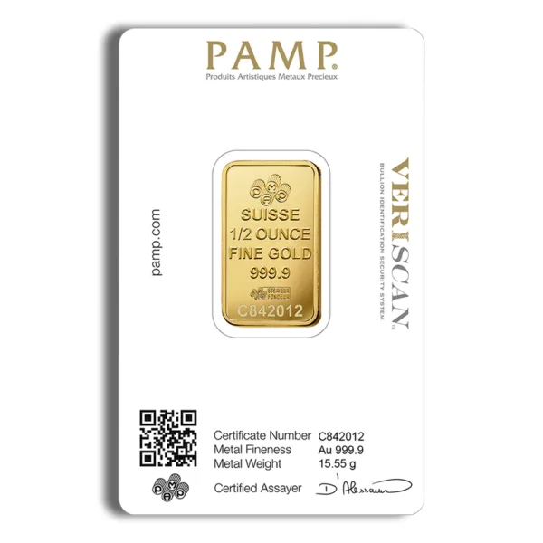 PAMP gold bar featuring a 1 oz design, displayed in a protective assay card with a QR code for verification and authenticity.