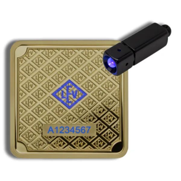 Gold RFID tag with a unique identification number and a handheld scanner emitting a blue light, used for tracking and inventory management.