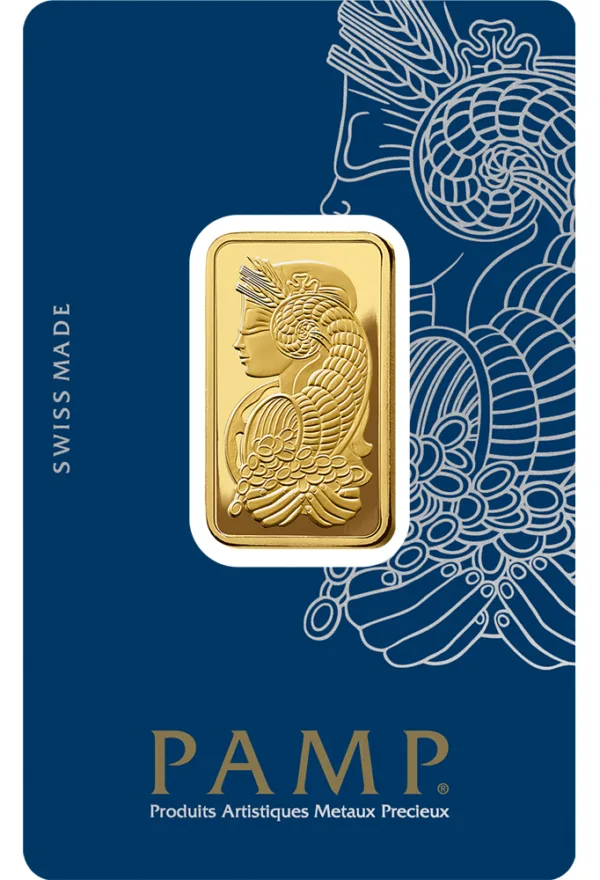 Gold bar from PAMP Suisse featuring intricate design, displayed on a blue background with the label "Swiss Made." Ideal for investment and collection.