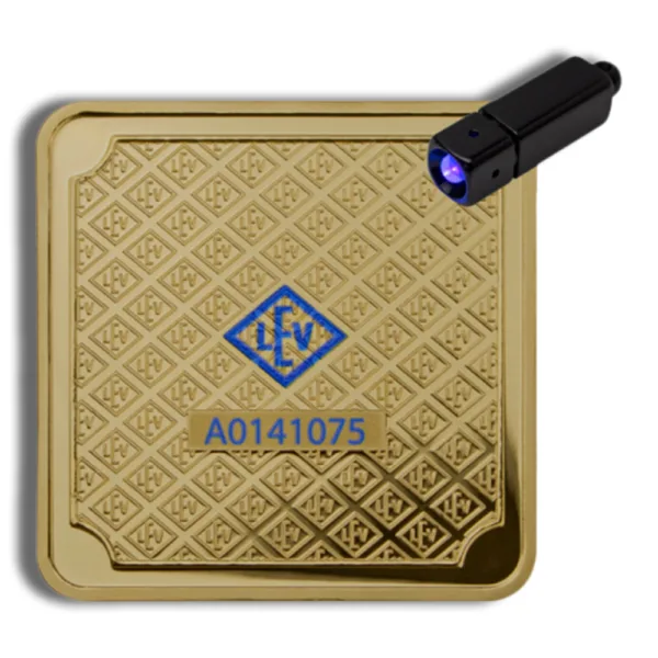 Gold authentication card with blue lettering and a unique serial number, accompanied by a UV flashlight for verification. Ideal for luxury brand protection and anti-counterfeiting measures.