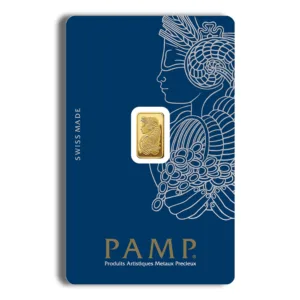 Gold bullion bar packaged in a PAMP Suisse card, featuring an intricate design and a prominent gold ingot in the center. Ideal for investors and collectors seeking high-quality precious metals.
