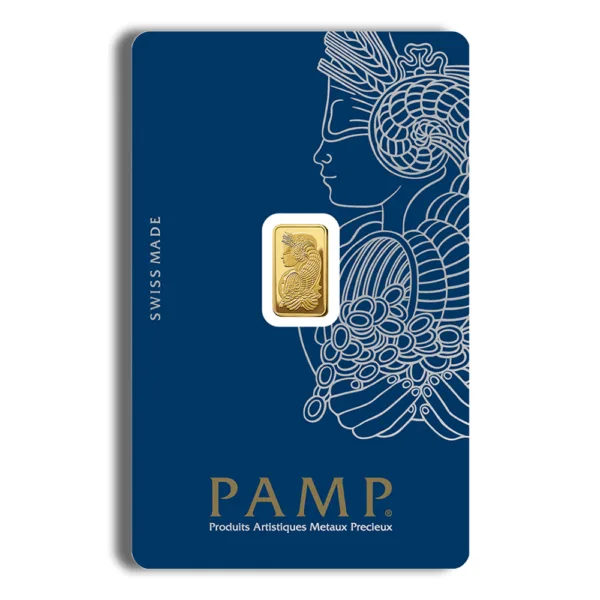 Gold bullion bar packaged in a PAMP Suisse card, featuring an intricate design and a prominent gold ingot in the center. Ideal for investors and collectors seeking high-quality precious metals.