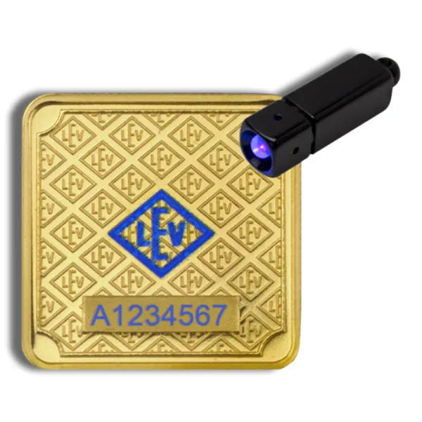 Gold RFID tag with blue logo and unique identifier A1234567, accompanied by a black scanning device.