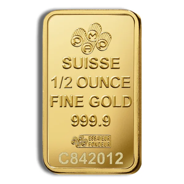 Gold bar from Suisse weighing 1/2 ounce, marked as fine gold with a purity of 999.9.
