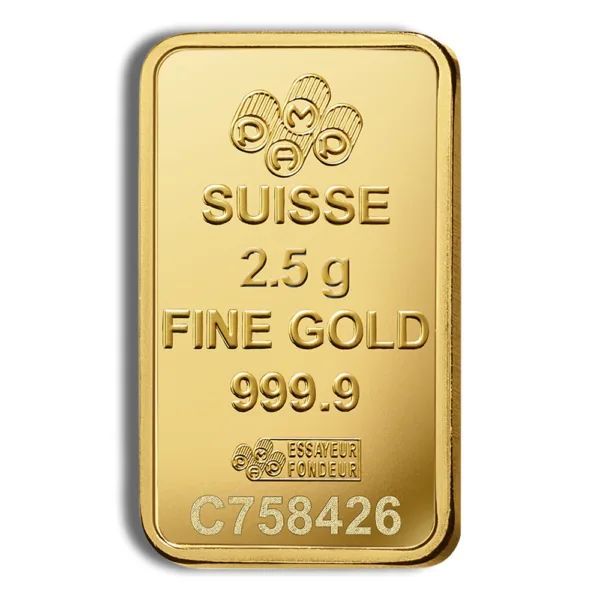 Gold bar weighing 2.5 grams, marked as fine gold with a purity of 999.9, produced by Suisse, featuring a unique serial number C758426.
