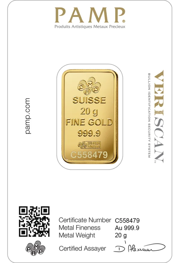 20g PAMP Suisse gold bar displayed on a certification card, featuring details such as metal fineness (999.9) and certificate number (C558479), along with a QR code for verification.