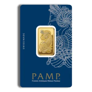 Gold bullion bar from PAMP, featuring an intricate design and presented in a blue assay card. The bar showcases a detailed engraving and is a popular choice for investors and collectors.