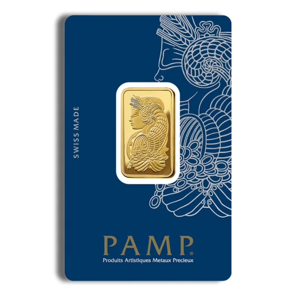Gold bullion bar from PAMP, featuring an intricate design and presented in a blue assay card. The bar showcases a detailed engraving and is a popular choice for investors and collectors.