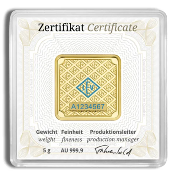 Gold certificate featuring a 5g gold bar, marked with AU 999.9 fineness, unique serial number A1234567, and production manager details, displayed in a protective case.