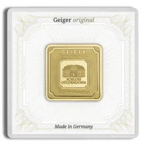Gold bullion coin from Geiger Original, featuring an intricate design and packaged in a protective case, made in Germany.